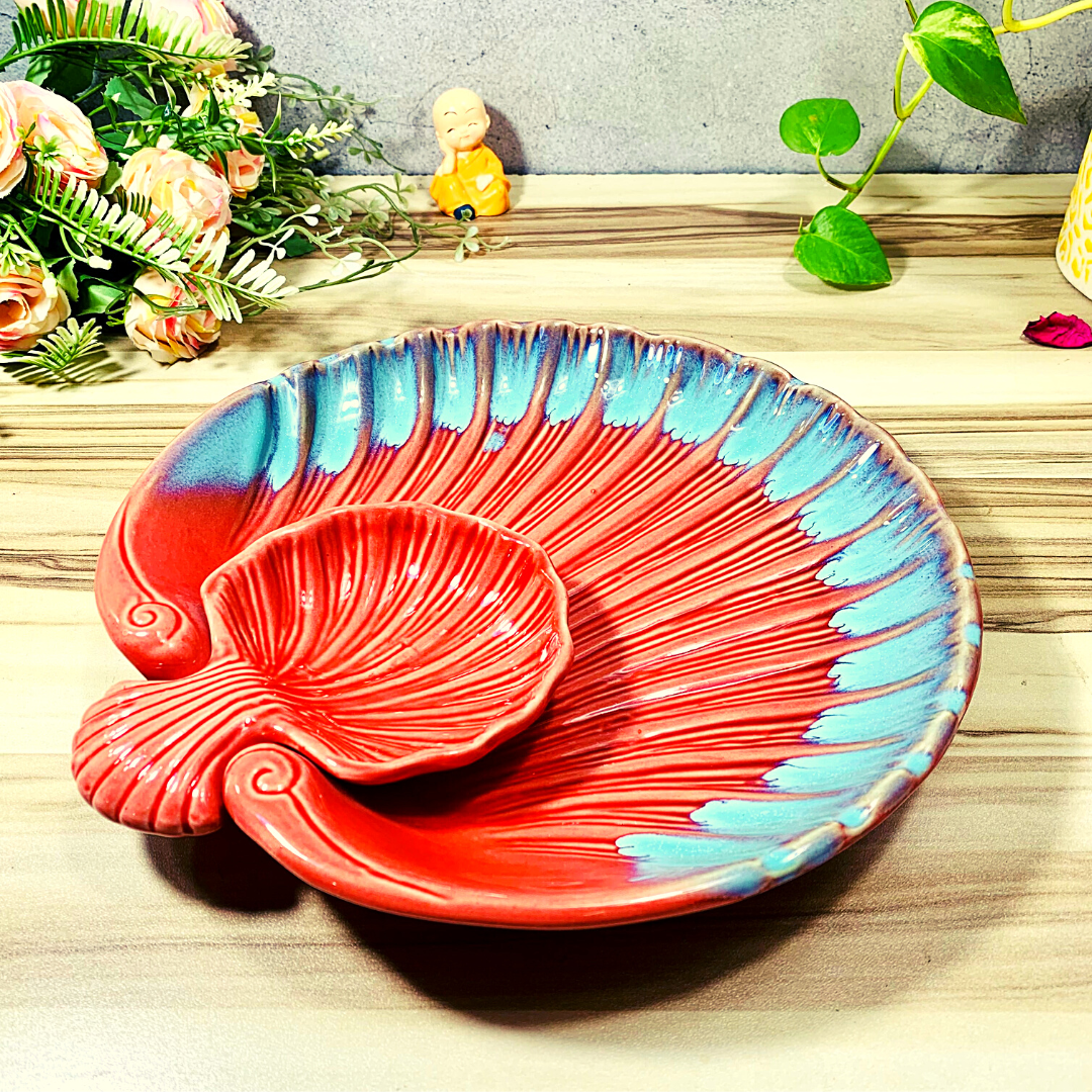 Homefrills Premium Seashell Design Orange Serving Ceramic Platter/Plate with Section,Chip n Dip Platter/Plate/Tray for Momos, Fries, Kebabs and Snacks etc Microwave Safe. (Set of 1)